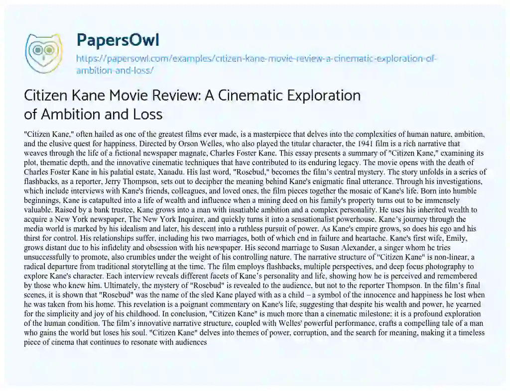 Essay on Citizen Kane Movie Review: a Cinematic Exploration of Ambition and Loss