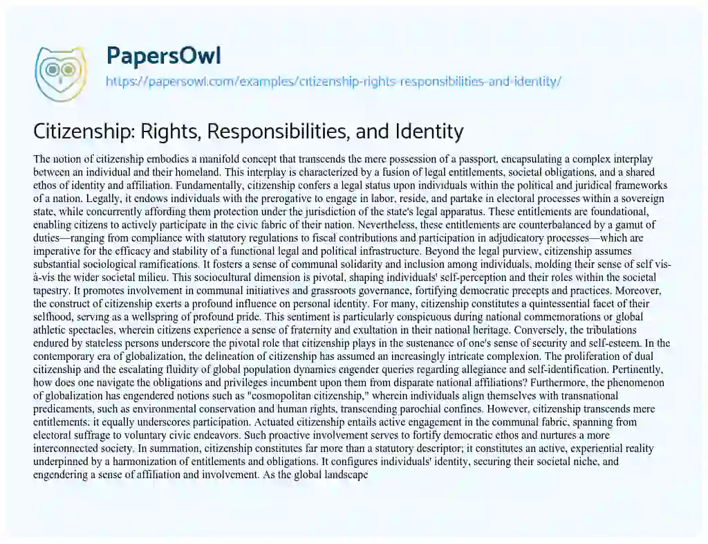 Essay on Citizenship: Rights, Responsibilities, and Identity