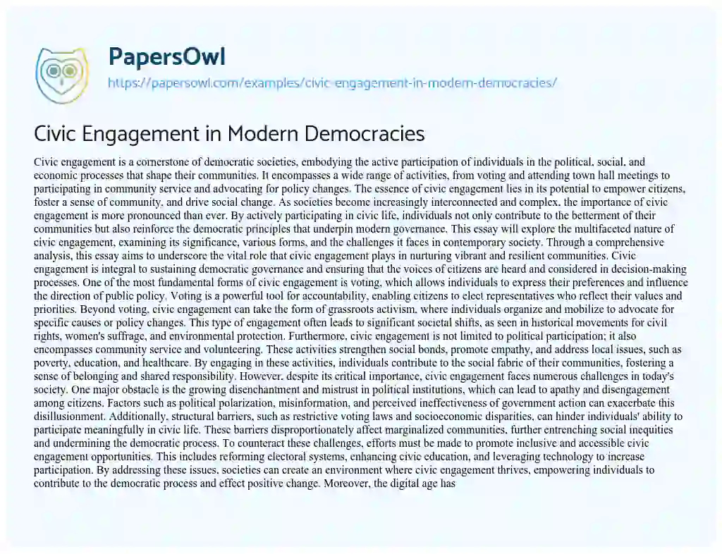 Essay on Civic Engagement in Modern Democracies