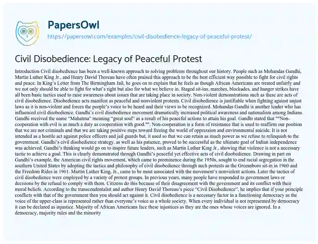 Essay on Civil Disobedience: Legacy of Peaceful Protest