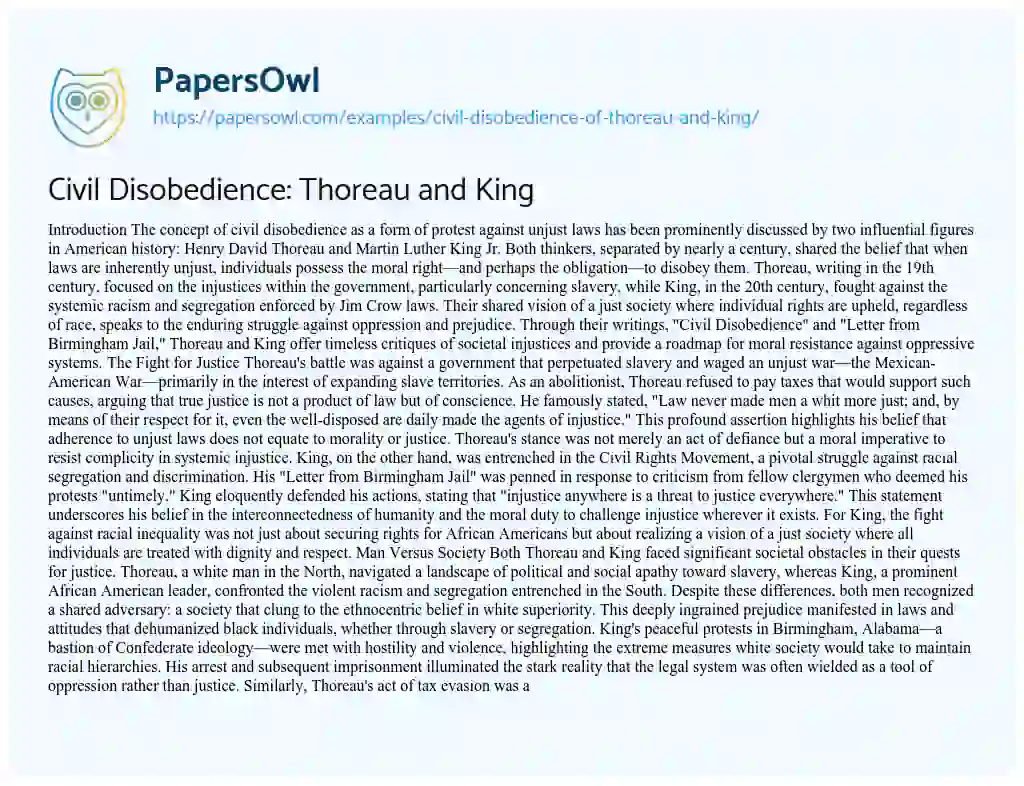 Essay on Civil Disobedience of Thoreau and King