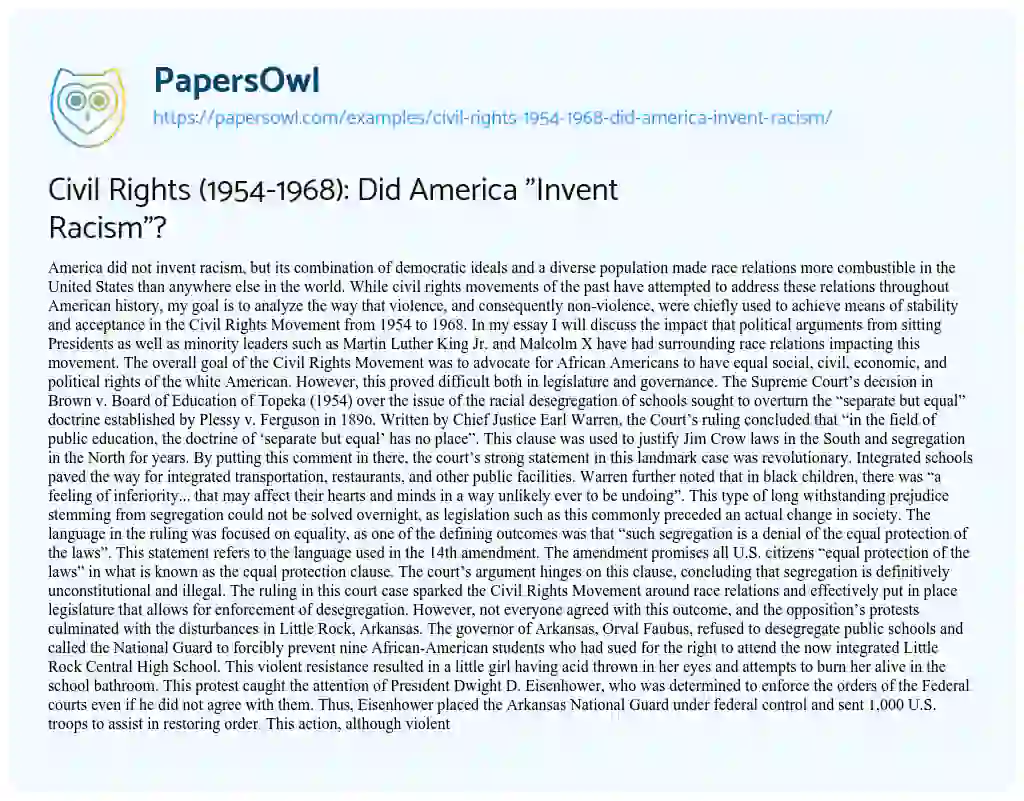 Essay on Civil Rights (1954-1968): did America “Invent Racism”?