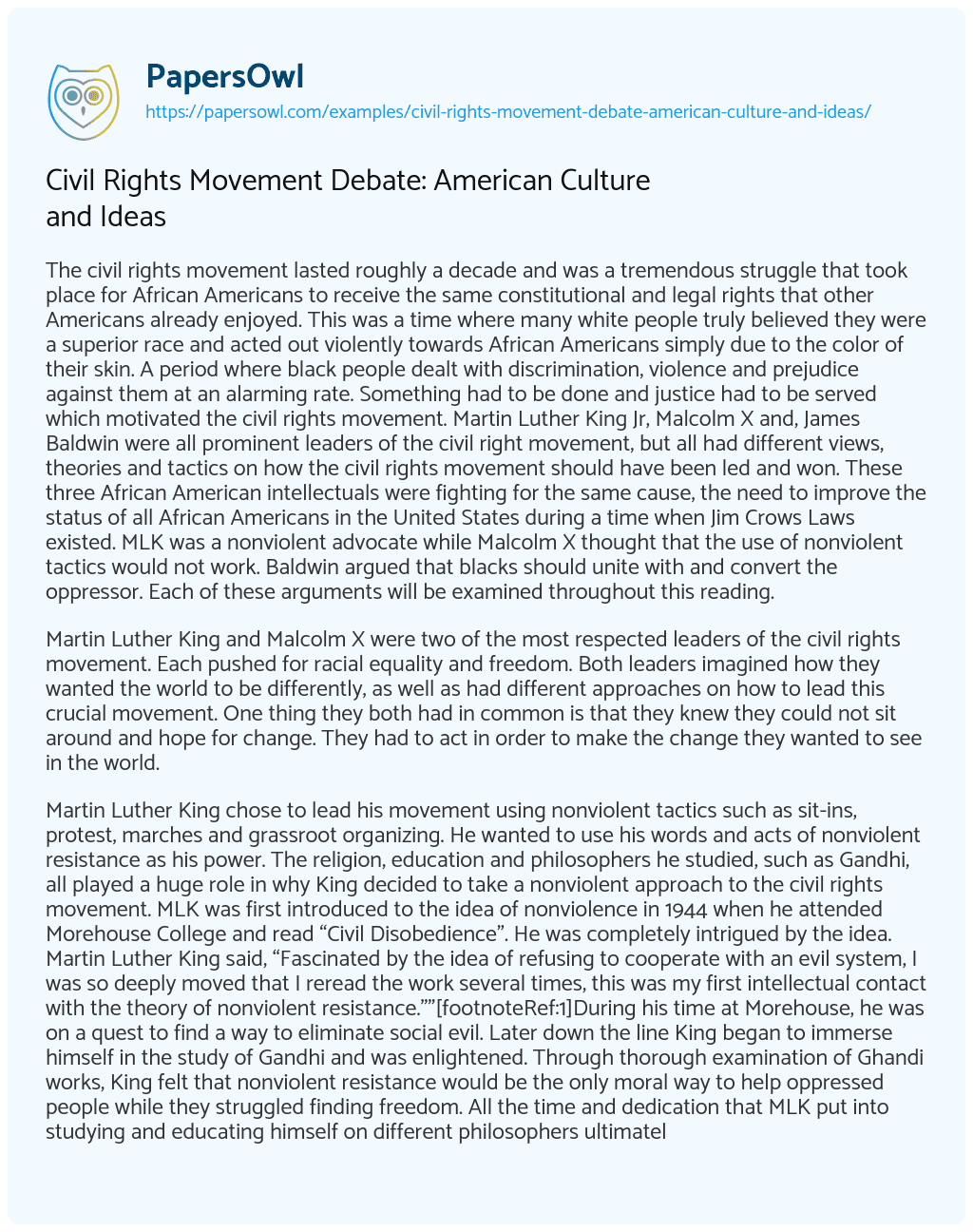 Essay on Civil Rights Movement Debate: American Culture and Ideas