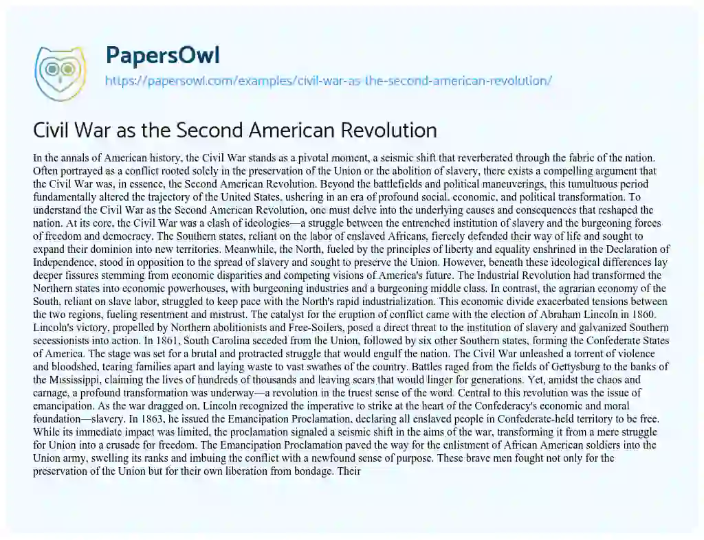 Essay on Civil War as the Second American Revolution
