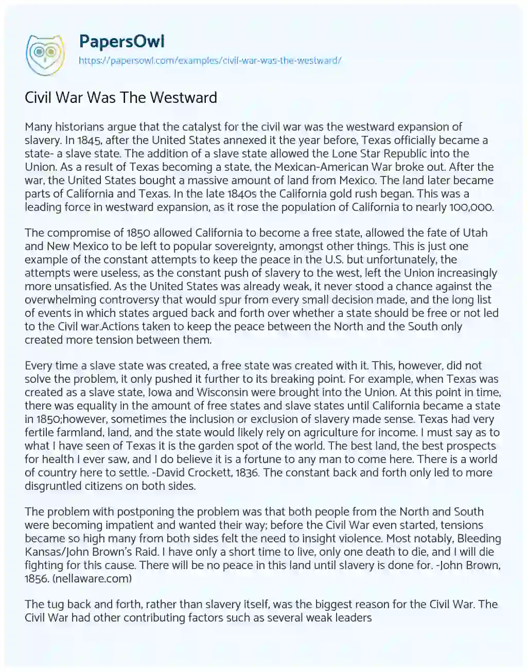 Essay on Civil War was the Westward