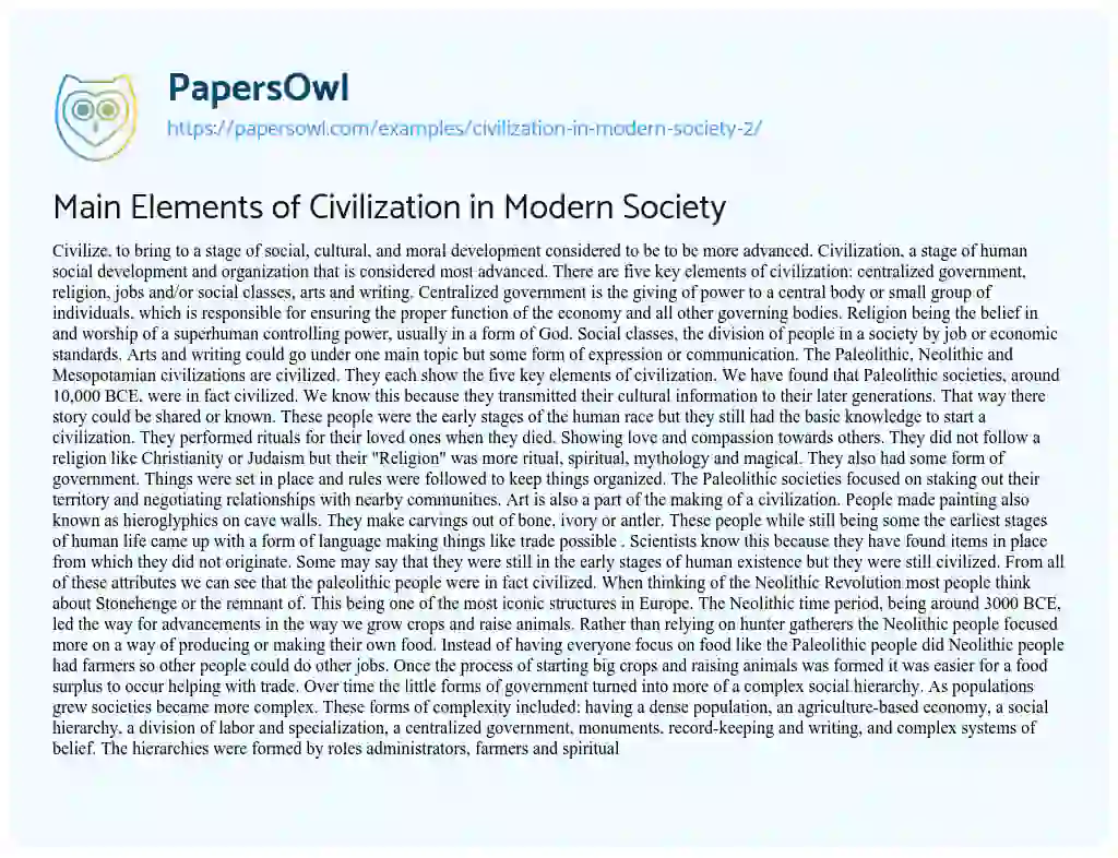 Essay on Main Elements of Civilization in Modern Society