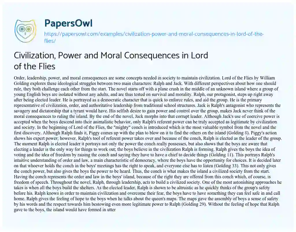 Civilization, Power and Moral Consequences in Lord of the Flies essay