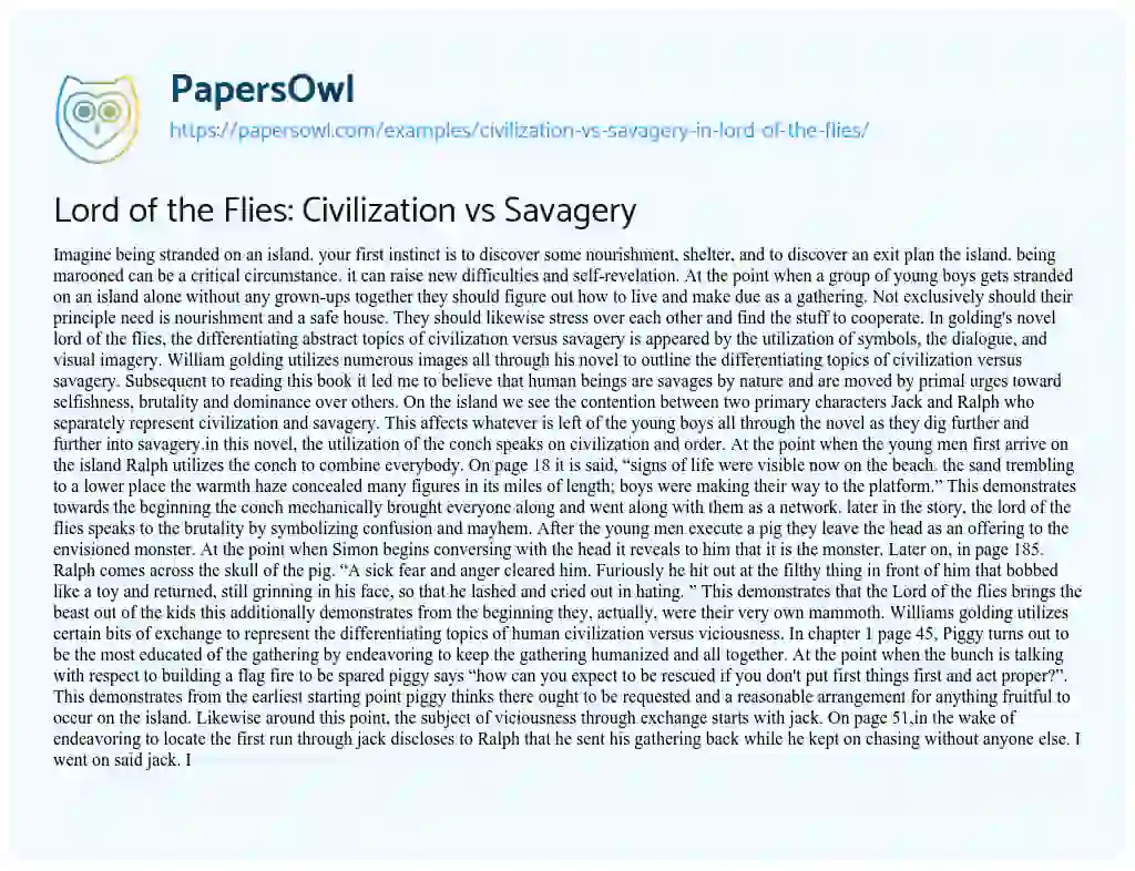 Lord of the Flies: Civilization Vs Savagery essay