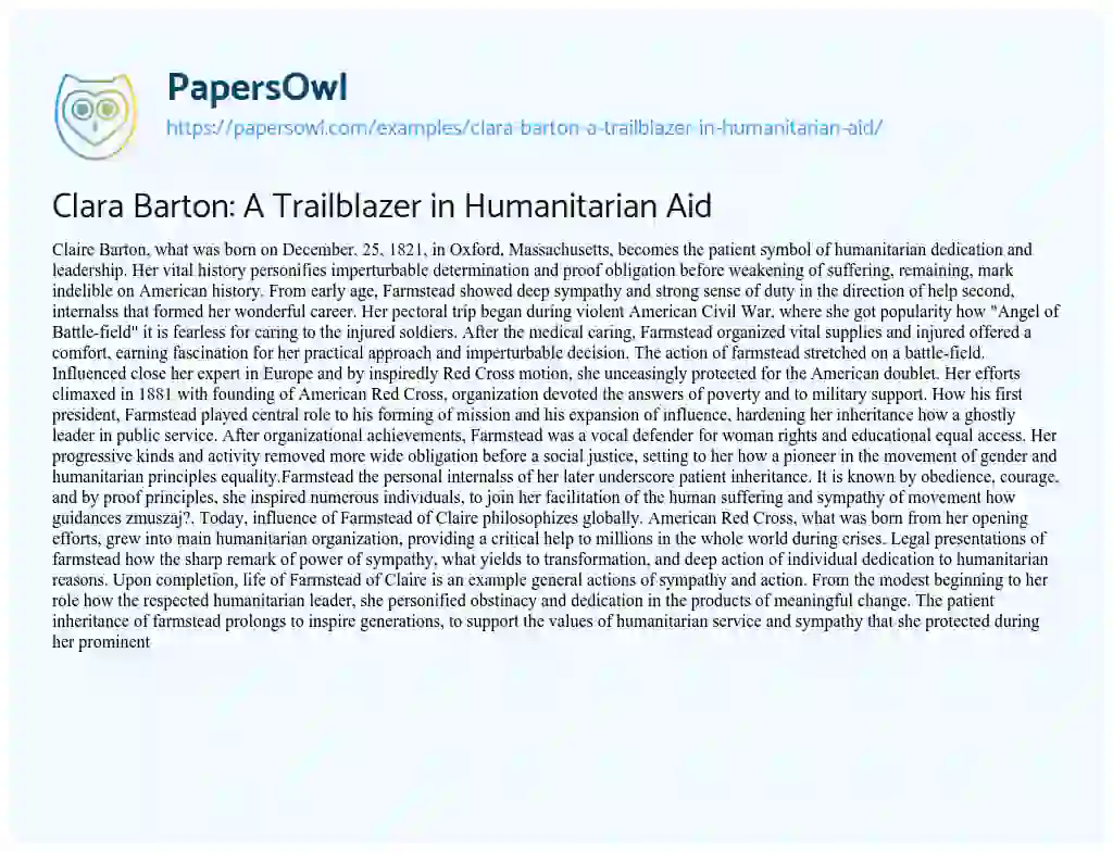 Essay on Clara Barton: a Trailblazer in Humanitarian Aid