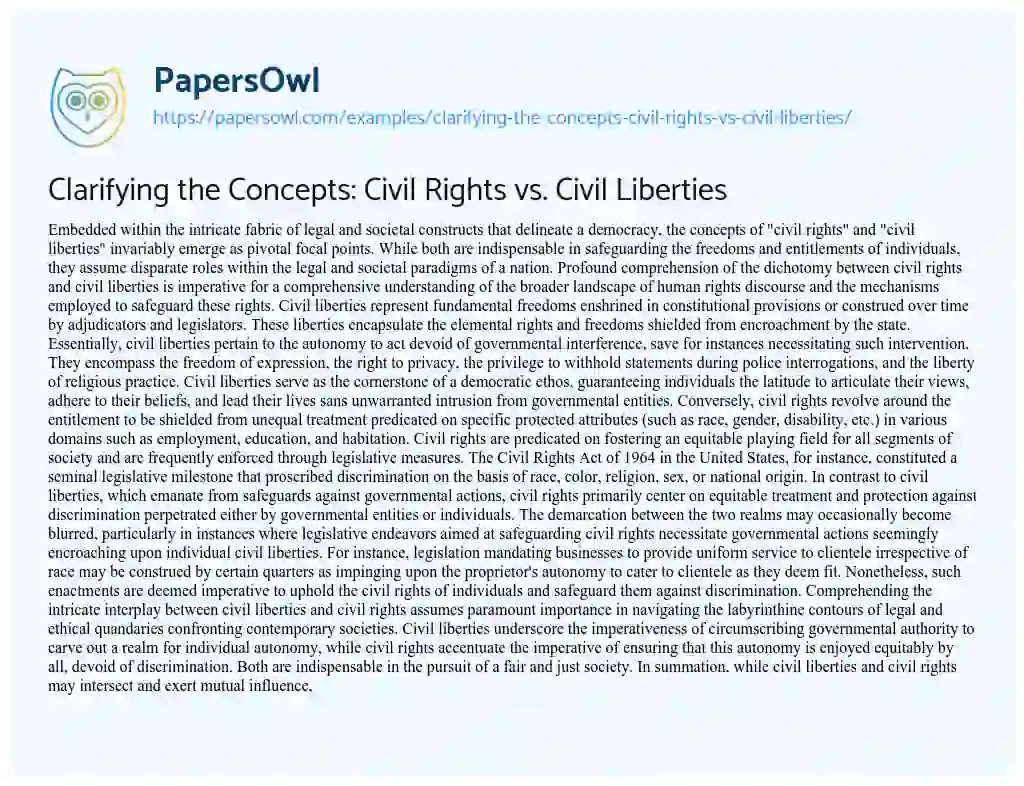 Essay on Clarifying the Concepts: Civil Rights Vs. Civil Liberties
