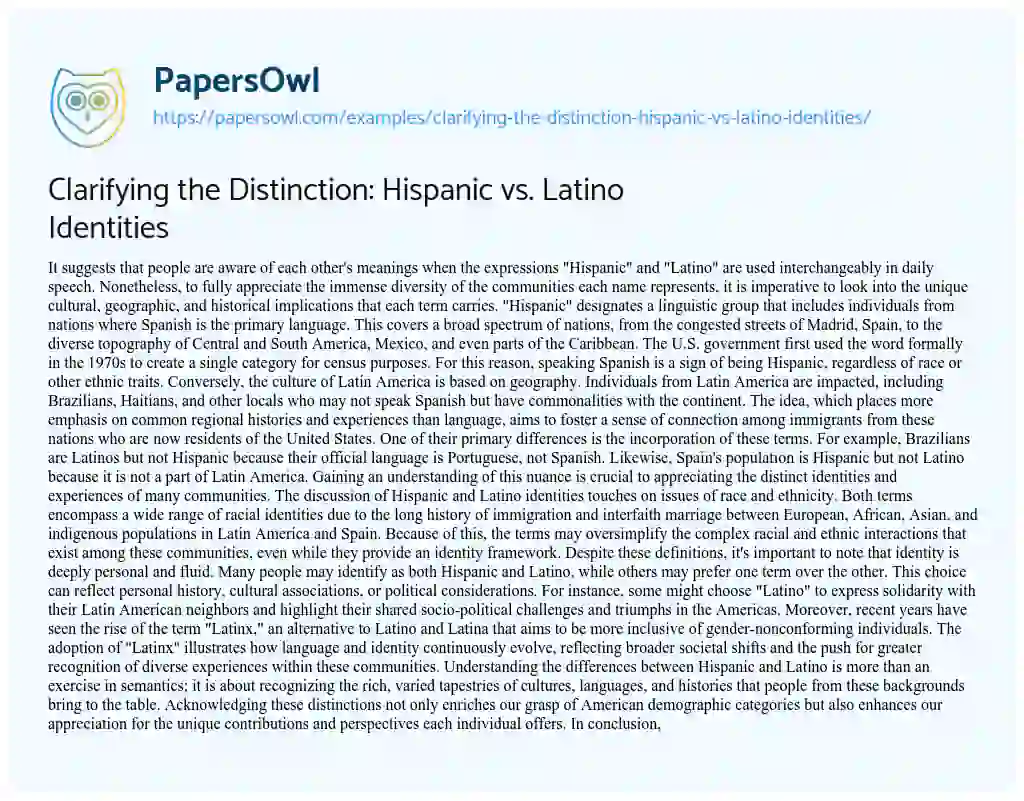 Essay on Clarifying the Distinction: Hispanic Vs. Latino Identities