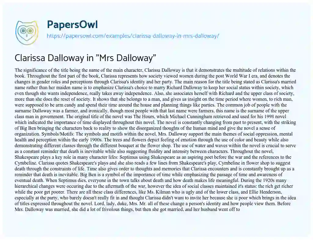 Essay on Clarissa Dalloway in “Mrs Dalloway”