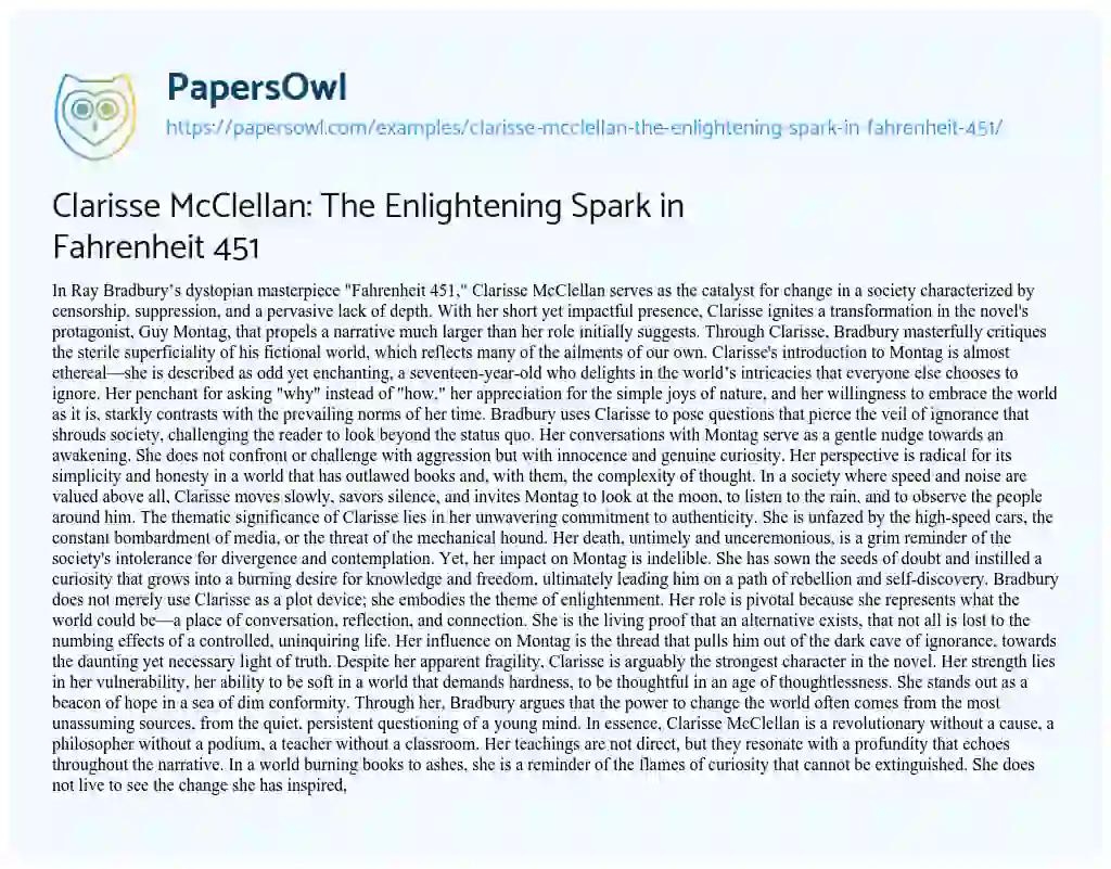 Essay on Clarisse McClellan: the Enlightening Spark in Fahrenheit 451