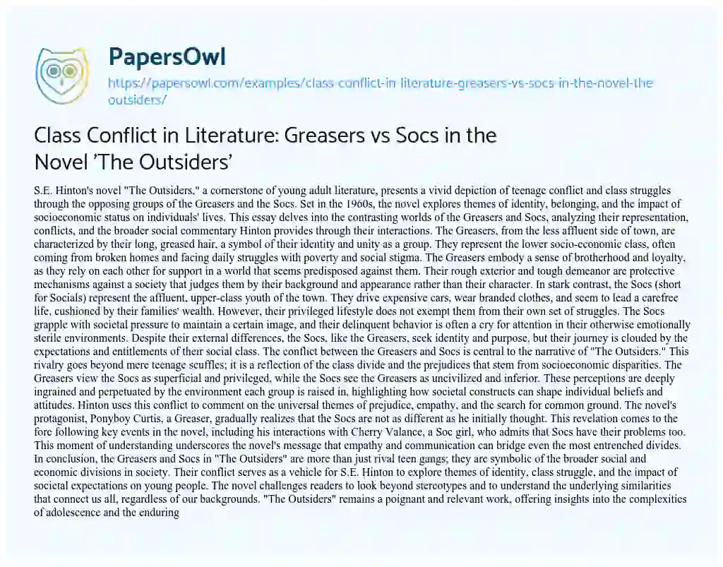 Essay on Class Conflict in Literature: Greasers Vs Socs in the Novel ‘The Outsiders’