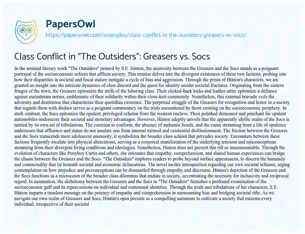 Essay on Class Conflict in “The Outsiders”: Greasers Vs. Socs