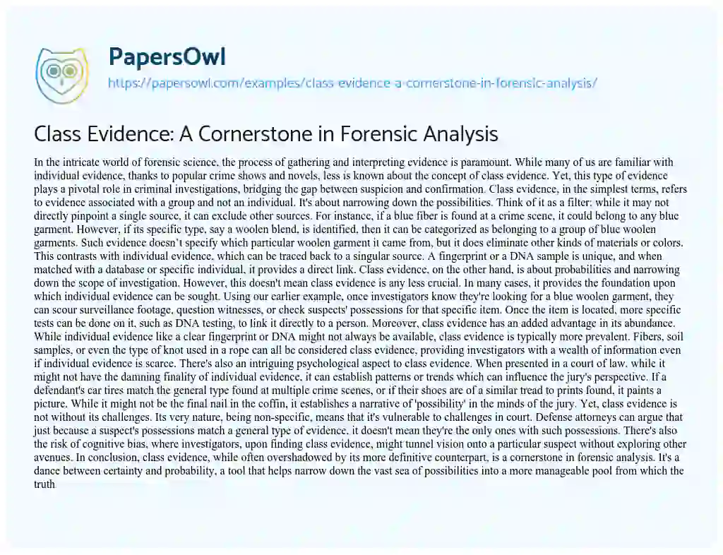 Essay on Class Evidence: a Cornerstone in Forensic Analysis