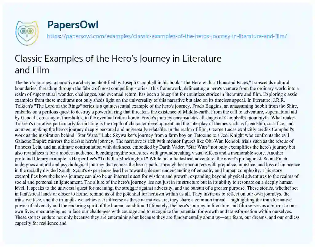 Essay on Classic Examples of the Hero’s Journey in Literature and Film