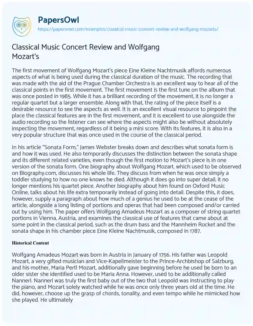 Essay on Classical Music Concert Review and Wolfgang Mozart’s