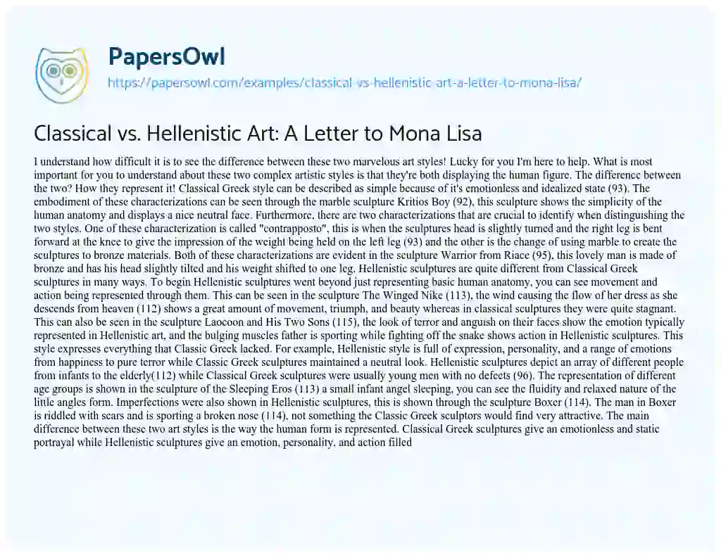 Essay on Classical Vs. Hellenistic Art: a Letter to Mona Lisa