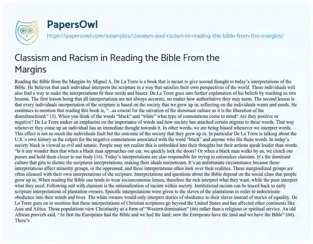 Essay on Classism and Racism in Reading the Bible from the Margins