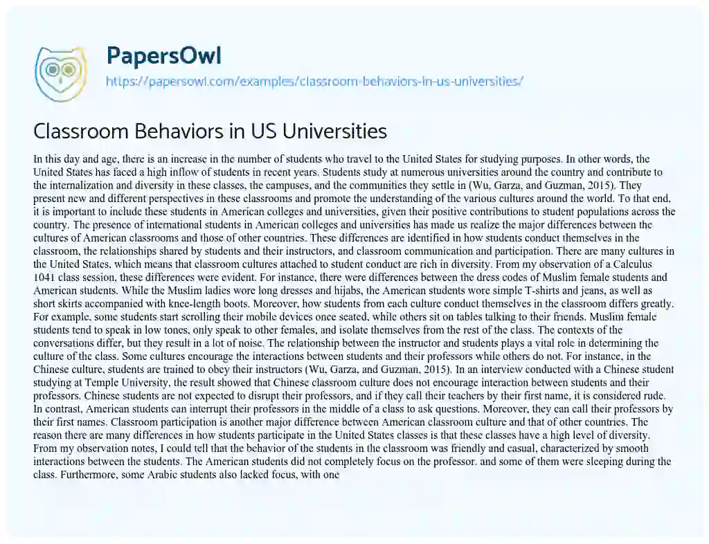 Essay on Classroom Behaviors in US Universities