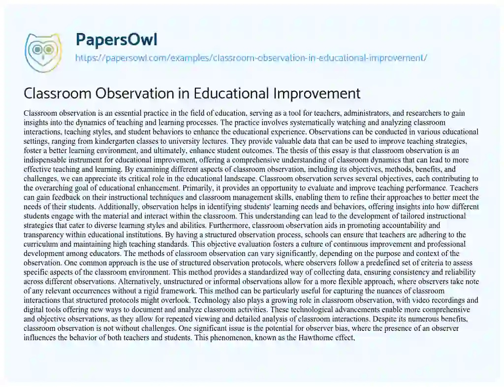 Essay on Classroom Observation in Educational Improvement