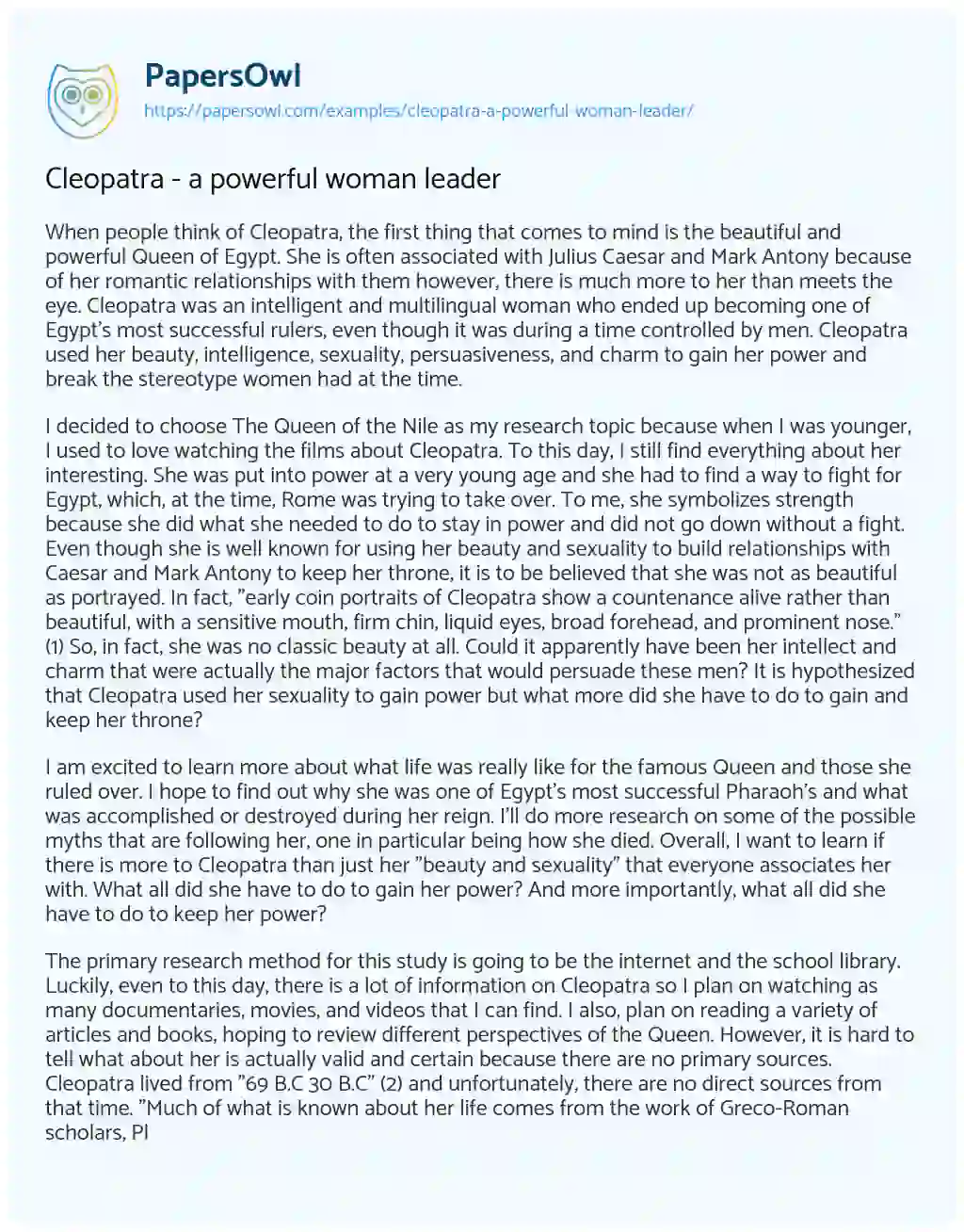 Cleopatra – a Powerful Woman Leader essay