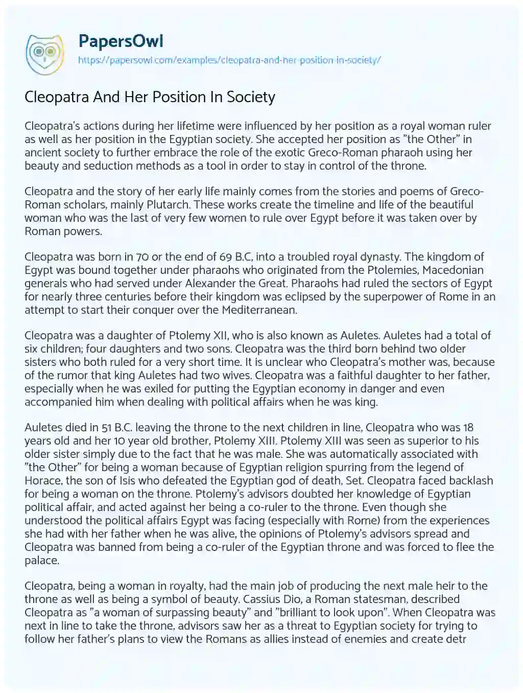 Essay on Cleopatra and her Position in Society