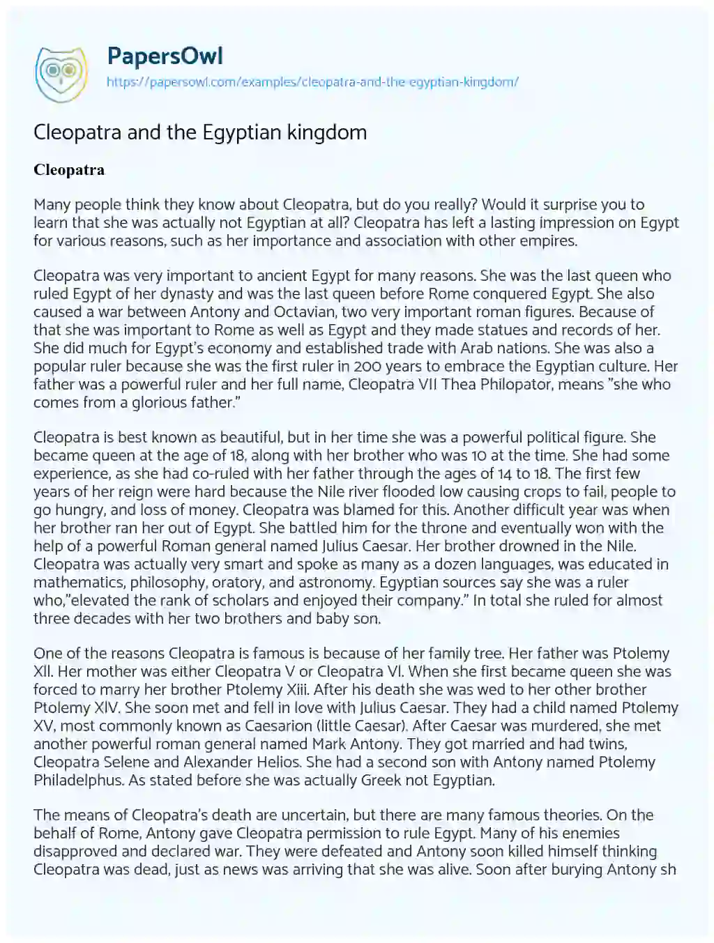 Essay on Cleopatra and the Egyptian Kingdom