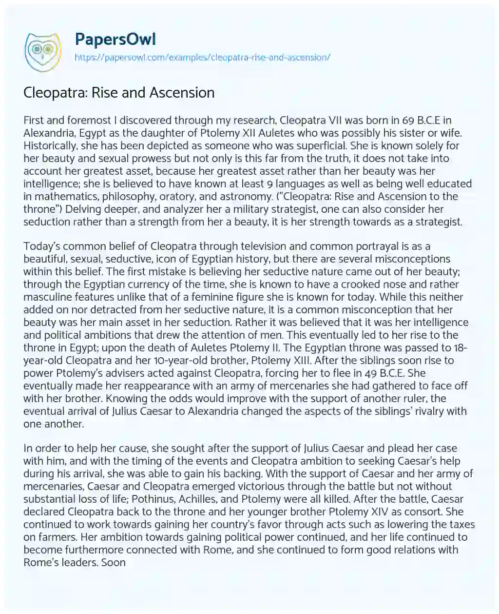 Cleopatra: Rise and Ascension essay