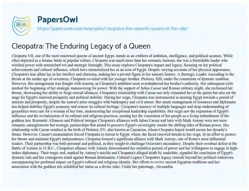 Essay on Cleopatra the Seventh Queen of the Nile