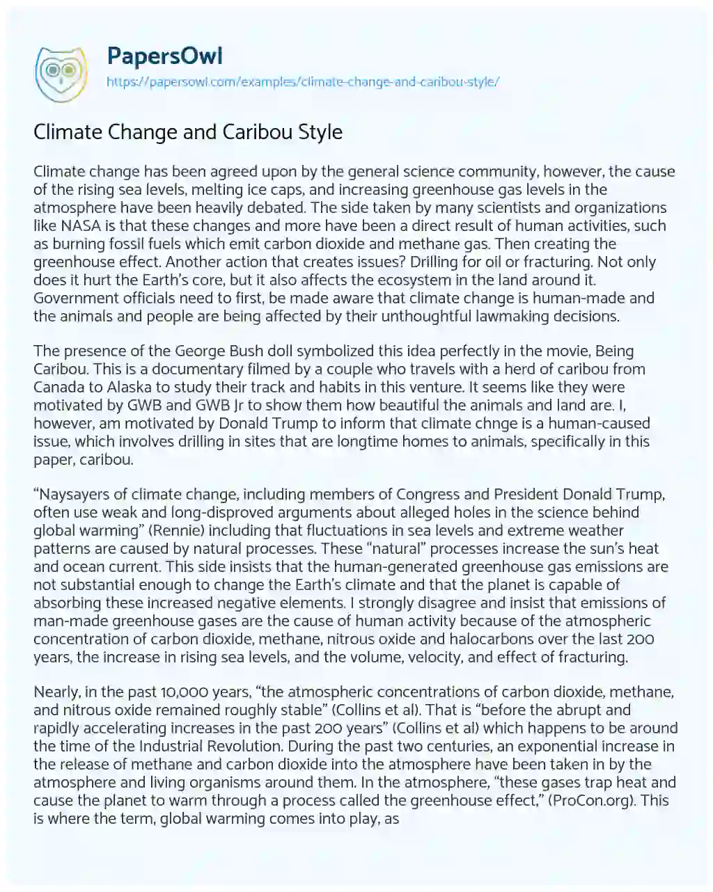 Essay on Climate Change and Caribou Style