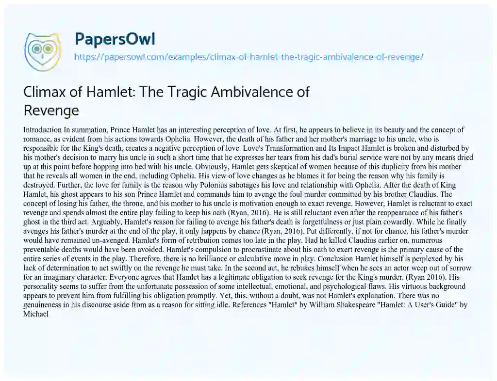 Essay on Climax of Hamlet: the Tragic Ambivalence of Revenge