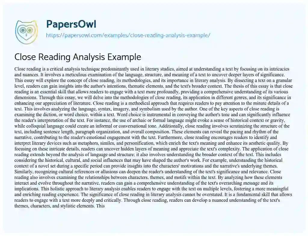 Essay on Close Reading Analysis Example