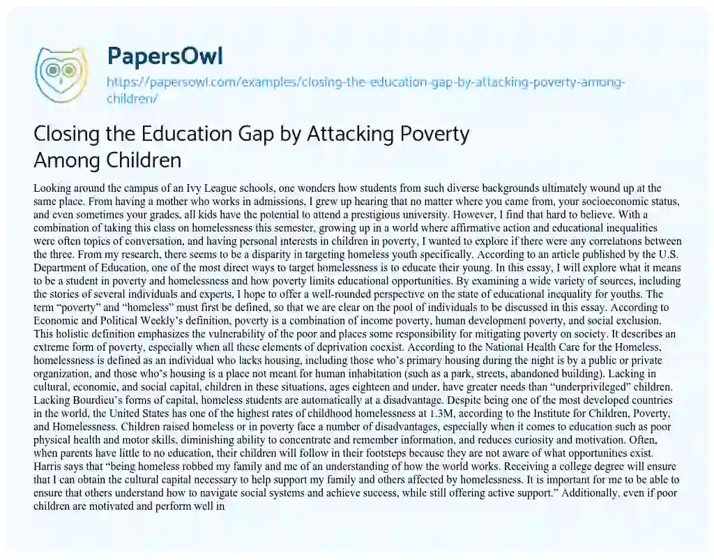 Essay on Closing the Education Gap by Attacking Poverty Among Children