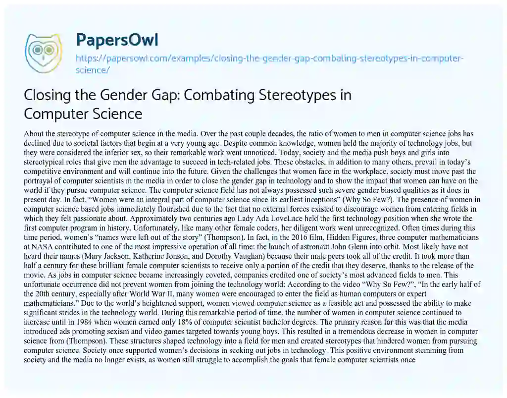 Essay on Closing the Gender Gap: Combating Stereotypes in Computer Science