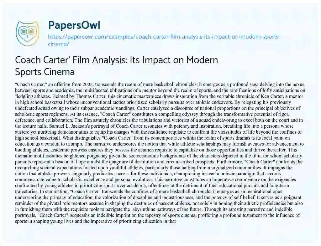 Essay on Coach Carter’ Film Analysis: its Impact on Modern Sports Cinema