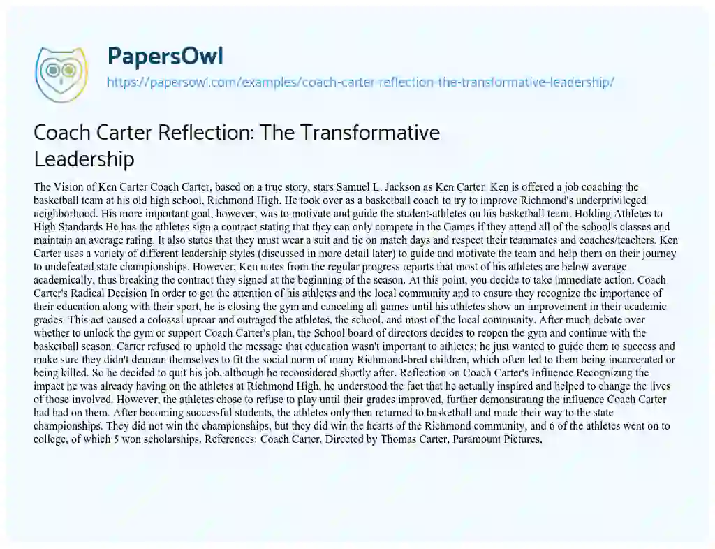 Essay on Coach Carter Reflection: the Transformative Leadership