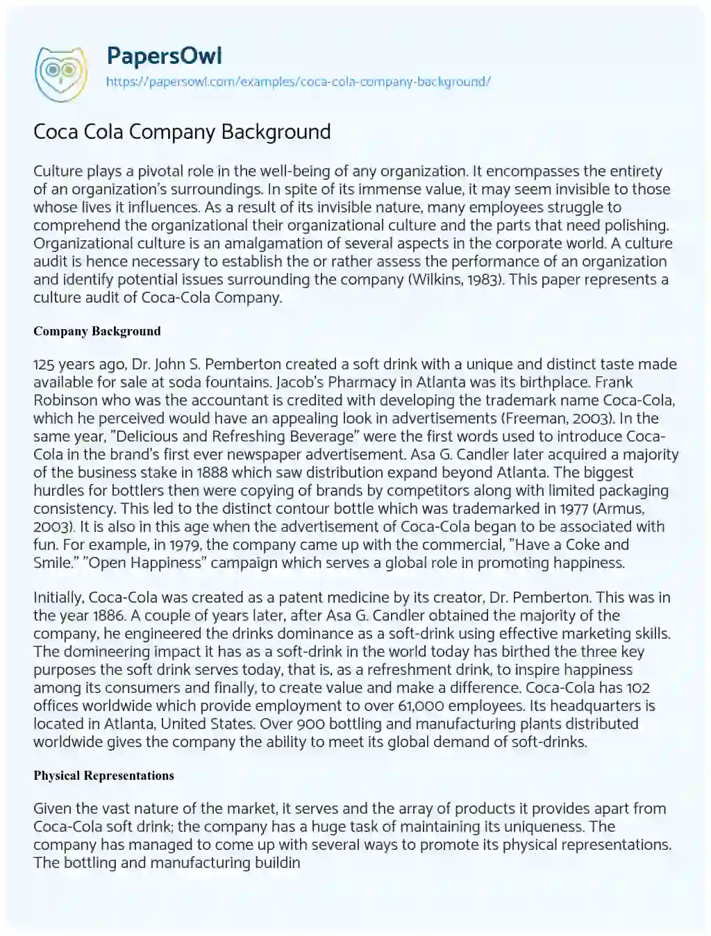 Coca Cola Company Background essay