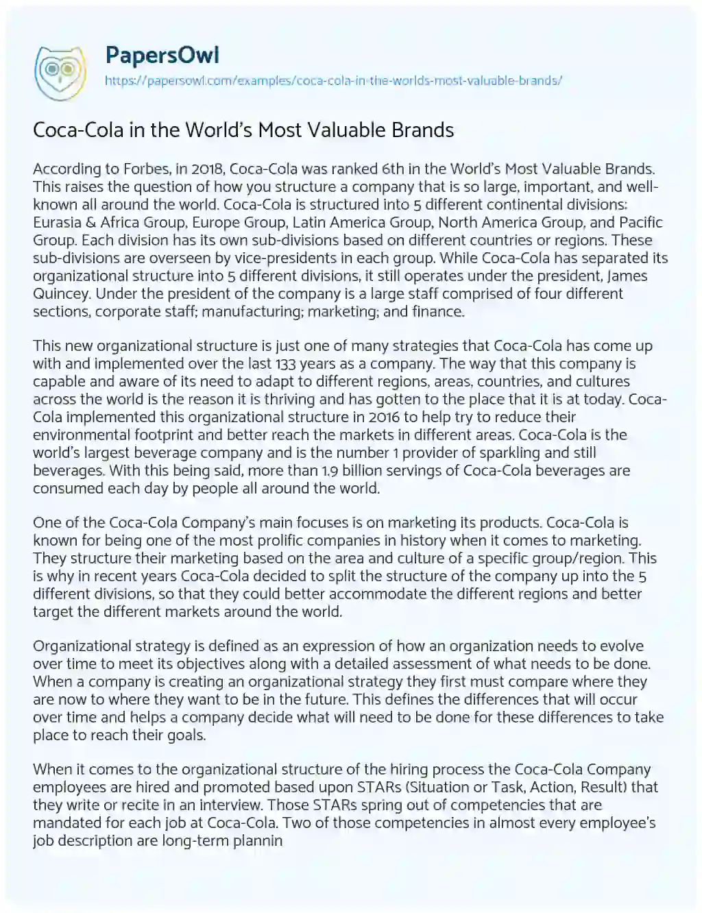 Essay on Coca-Cola in the World’s most Valuable Brands