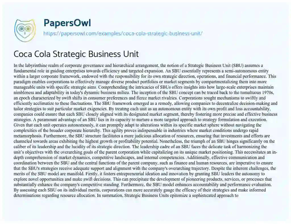 Essay on Coca Cola Strategic Business Unit