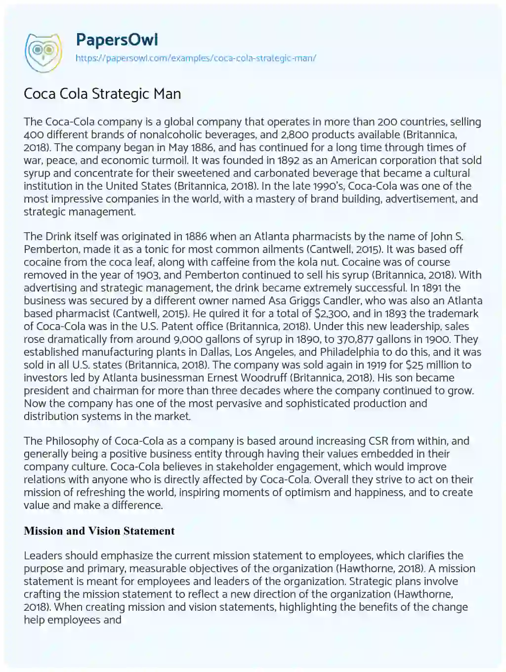 Essay on Coca Cola Strategic Man