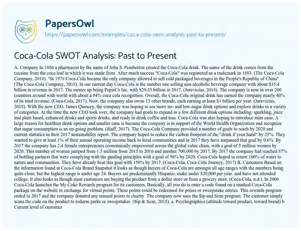 Essay on Coca-Cola SWOT Analysis: Past to Present