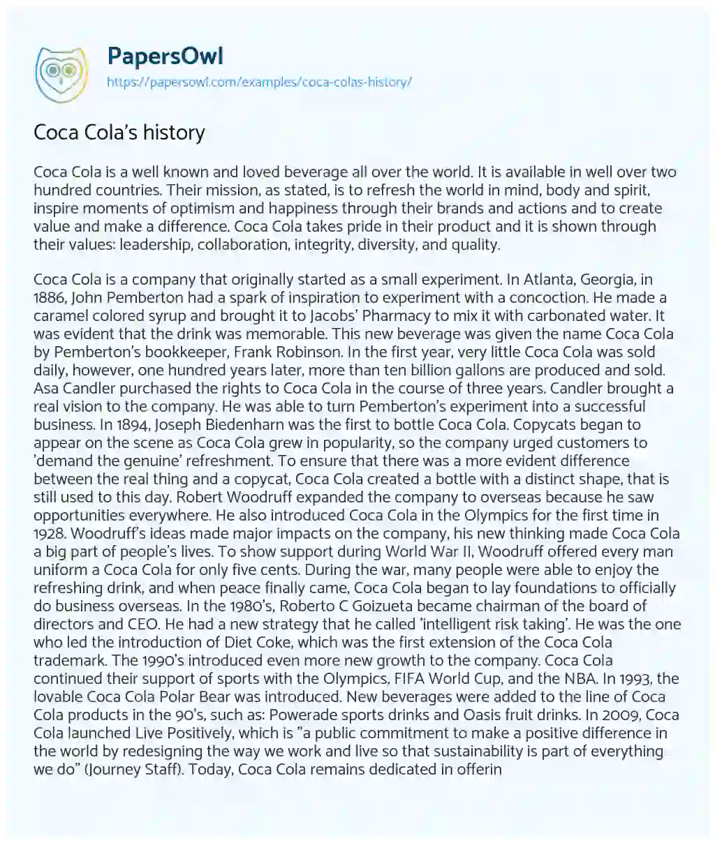 Coca Cola’s History essay