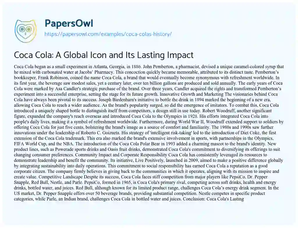 Essay on Coca Cola’s History