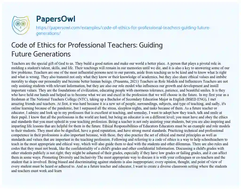 Essay on Code of Ethics for Professional Teachers: Guiding Future Generations