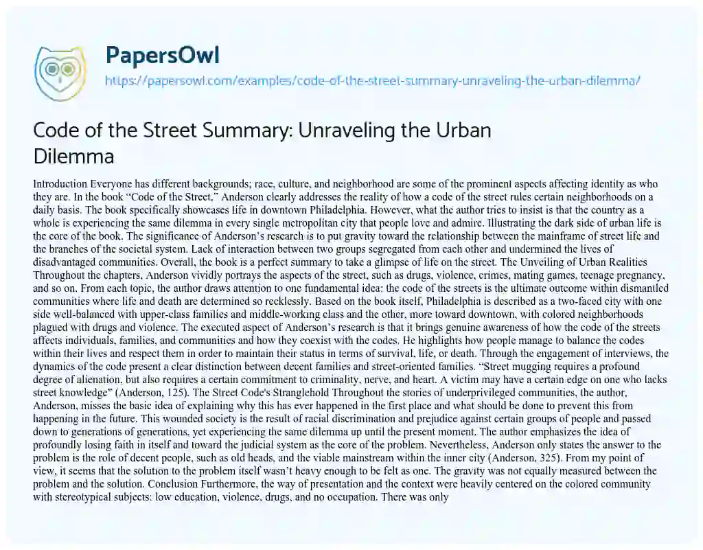 Essay on Code of the Street Summary: Unraveling the Urban Dilemma