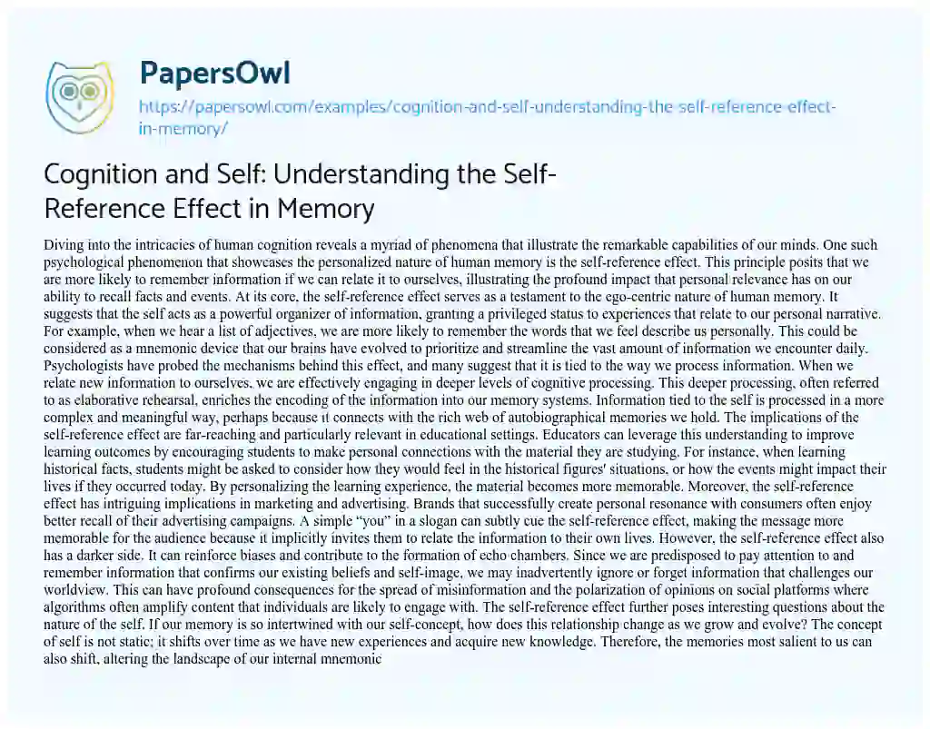 Essay on Cognition and Self: Understanding the Self-Reference Effect in Memory