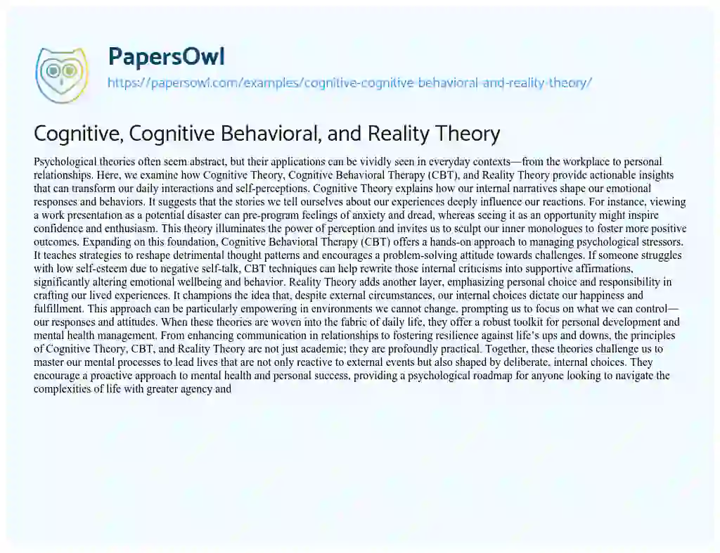 Essay on Cognitive, Cognitive Behavioral, and Reality Theory