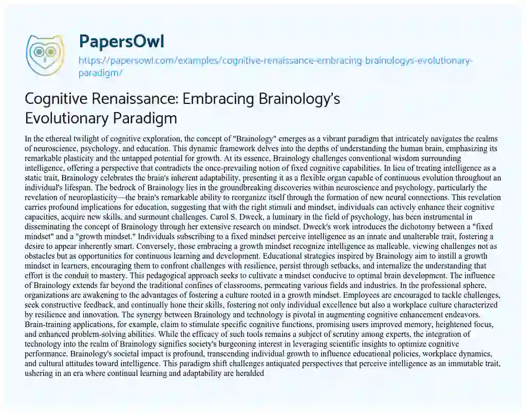 Essay on Cognitive Renaissance: Embracing Brainology’s Evolutionary Paradigm